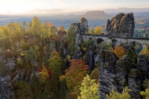 View from the Ferdinandstein to the Bastei Bridge and the rock castle Neurathen, Bastei, Lohmen,