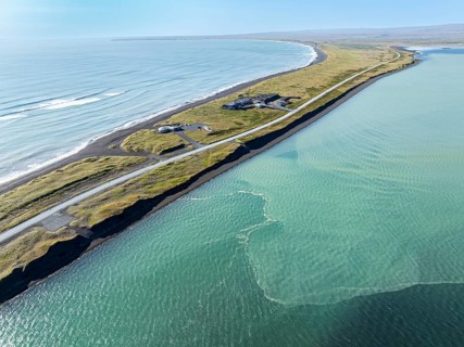 Coast east of Eyrarbakki, aerial view, southern coast, Iceland