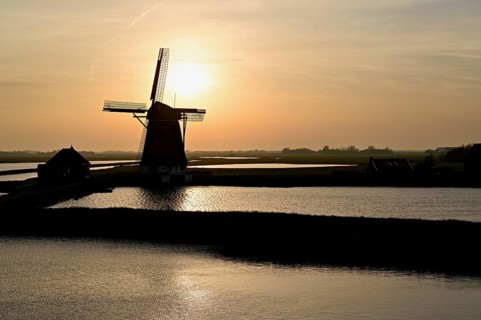 Historic windmill in the light of the setting sun, De Traanroeier, Het Noorden Molen, Texel, North