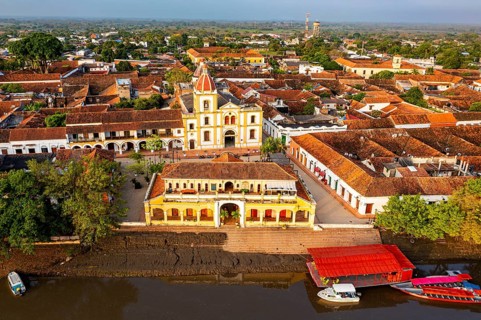 Aerial of La Inmaculada Concepcion church, Unesco world heritage site, Mompox, Colombia