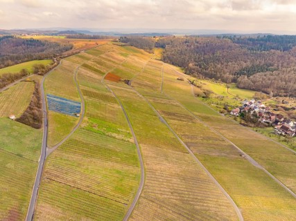Aerial view of agricultural fields and wooded hills in a rural area, Lichtenberg Castle,