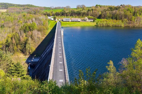 View of the Gottleuba dam with dam wall, Bad Gottleuba, Saxony, Germany