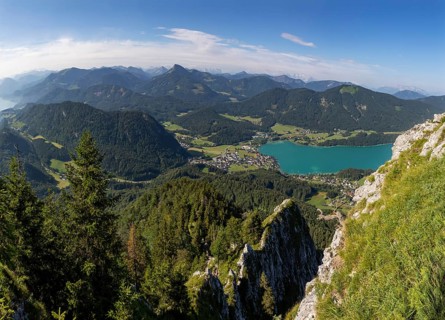 View from the Frauenkopf to Lake Fuschlsee, Osterhorn group, Salzkammergut, Salzburg province,