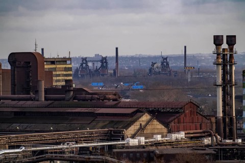 Panorama of the Thyssenkrupp Steel steelworks in Duisburg-Bruckhausen, oxygen steelworks and slab