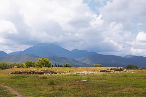 Theatrum or theatre in the archaeological site of Mantineia, highlands of Arcadia, Peloponnese,