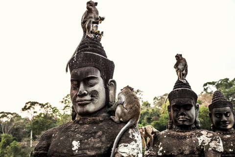 Figures and monkeys on the bridge to Angkor Thom, macaques, sunset, Angkor Wat, Angkor, UNESCO