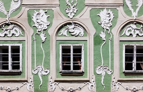 Market square with rococo stucco facades on the town houses, Obernberg am Inn, Innviertel, Upper