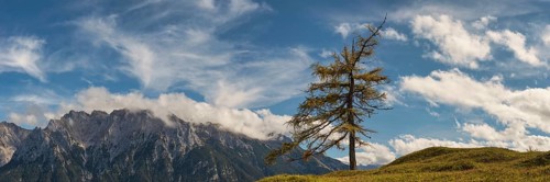 Panorama from Hoher Kranzberg, 1397m onto the cloudy Karwendel Mountains, Werdenfelser Land, Upper