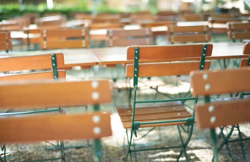 Tables, chairs, empty, beer garden, Stuttgart, Baden-Württemberg, Germany