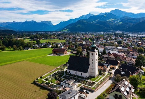 Drone image, view of village with parish church, Oberalm, Flachgau, Salzburg province, Austria