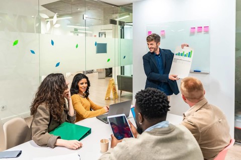 Marketing manager presenting company growth using charts and graphs during a business meeting with