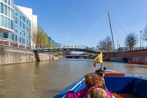 View from ferry boat approaching Valentine Bridge, Temple Quarter regeneration, Floating harbour,