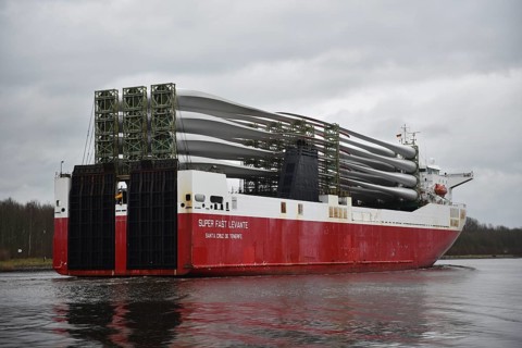 Ro-Ro Cargo ship, cargo ship Super Fast Levante travelling with rotor blades for wind turbines in