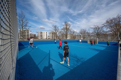 Small football pitch with safety nets on the site of the former Leighton Barracks of the Americans,