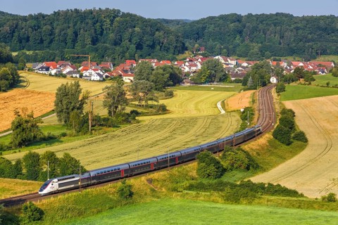 TGV Duplex high-speed train on the Filstal railway in Lonsee, Germany