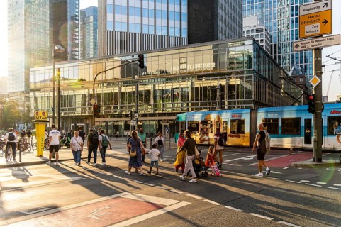Road traffic at Willy Brandt Platz in Frankfurt am Main, Hesse, Germany