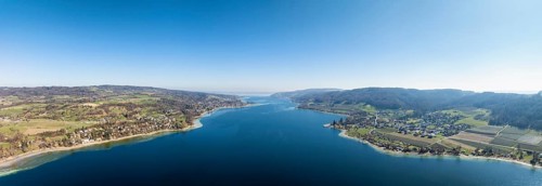 Aerial view, panorama of Lake Constance, Untersee, also known as Lake Rhine, which flows into the