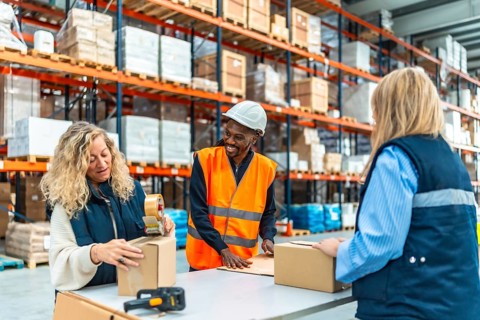 Multiracial male and females warehouse workers talking while preparing packages to deliver