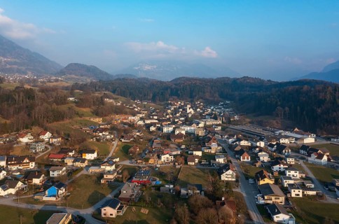 Drone image, residential buildings, residential area, Schlins, Walgau, Vorarlberg, Austria