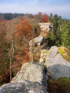 Großer Waldstein, view over rock formation and forest in autumn, Fichtelgebirge, Upper Franconia,