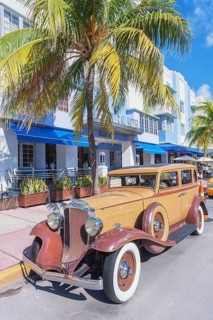 Classic vintage american car parked on Ocean drive, South Beach, Miami, Florida, USA