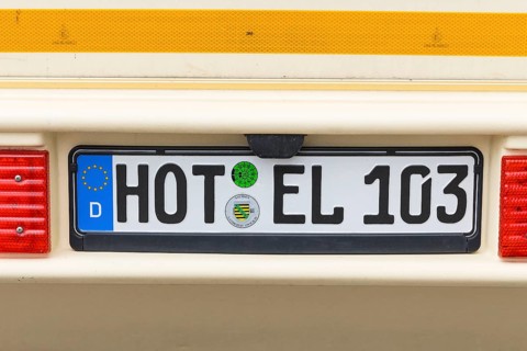 Caravan with the funny licence plate HOTEL in Hohenstein- Ernstthal, Saxony, Germany