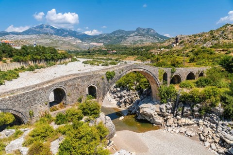 The Old Mes bridge near Shkoder. Albania, Europe. Ottoman stone arch bridge Ura e Kadiut
