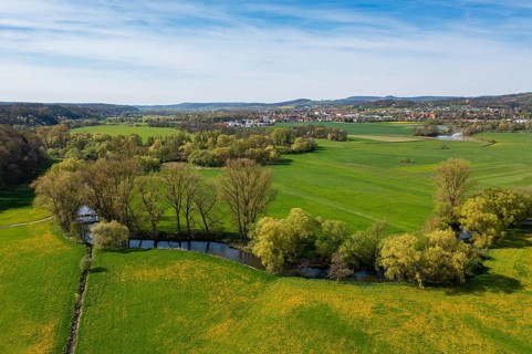 Wet meadows at the confluence or source of the Main, Main valley, Melkendorf near Kulmbach, aerial
