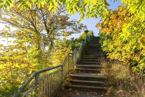 Ascent to the castle rock, the former castle in the centre of the town of Falkenstein, Vogtland,