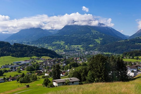 View of the village with parish church, Göfis, Walgau, Vorarlberg, Austria