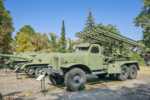 Various combat vehicles, on the right artillery rocket launcher BM-13N Katyusha Stalin organ,