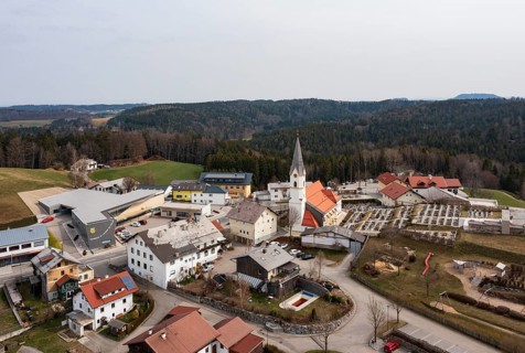 Drone image, view of the village, Sankt Johann am Walde, lnnviertel, Upper Austria, Austria