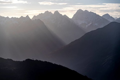 Ötztal Alps, mountain panorama in the morning light, peaks from left to right Roter Schrofem,