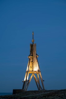Illuminated Kugelbake, landmark, blue hour, North Sea, Lower Saxony Wadden Sea National Park,