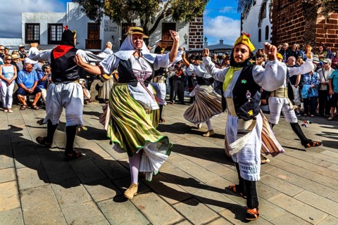 Folk dance group in the Plaza de la Constitucion, Teguise, Lanzarote, Canary Islands, Spain