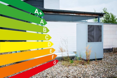 Graphic with energy efficiency classes, a heat pump on the roof of a house in Düsseldorf, Germany