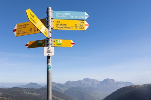 Signpost on the First (1663m) with hiking trails of various categories, hiking trail, mountain