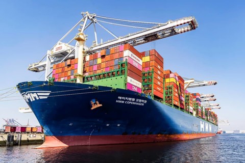 The container ship HMM Copenhagen has a length of 399.9 metres. RWG Terminal (Rotterdam World