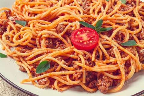 Spaghetti Bolognese, top view, close-up, no people, homemade