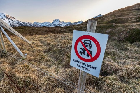 Camping and parking prohibited, prohibition sign, Moskenesoya, Lofoten, Norway