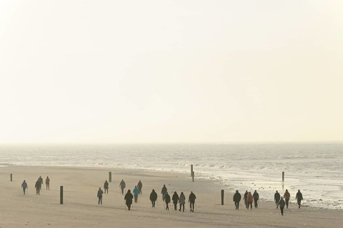 Sports group Nordic walking on the beach, North Sea, Norderney, East Frisian Islands, Lower Saxony,