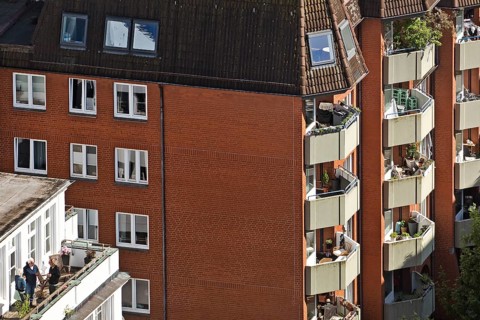 City view from above of apartment blocks with balconies, Hamburg, Germany