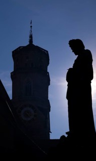 Silhouette, Schiller monument to Friedrich Schiller, octagonal church tower of the collegiate