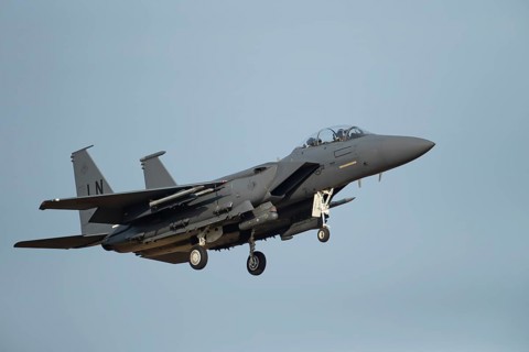 McDonnell Douglas F-15 Eagle aircraft in United States air force USAF colours flying on approach to