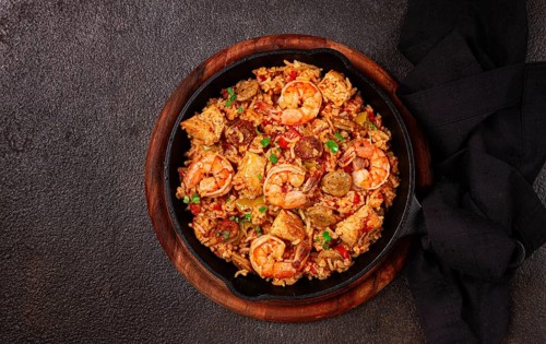 Jambalaya, Creole dish, American pilaf, rice with chicken and shrimp, vegetables, homemade, no