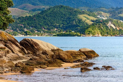 Ilhabela city and sea surrounded by Moors and tropical forest Ilhabela, Sao Paulo, Brazil