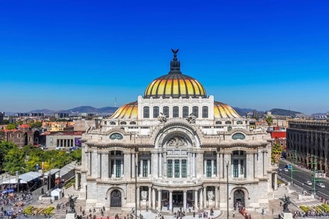 Mexico City, Mexico-2 August, 2019: Landmark Palace of Fine Arts (Palacio de Bellas Artes) in