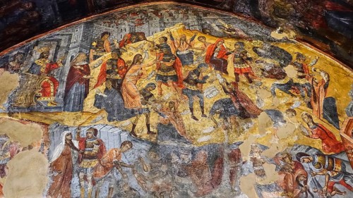 Historical fresco painting depicting a complex religious scene, Asklipio village, Asklipion,