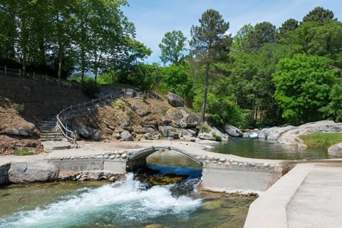 Ein friedlicher Fluss mit einer kleinen Brücke und steinernen Stufen, eingebettet in eine grüne