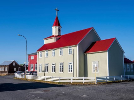 Village Eyrarbakki, historical church, southern coast, Iceland